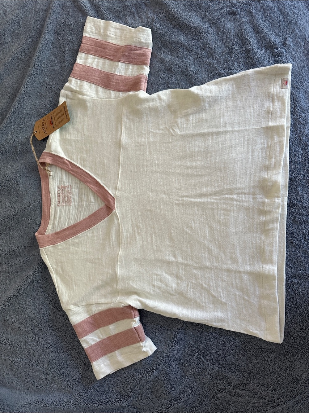 Faherty White Short Sleeve Tee with Dusty Pink Trim